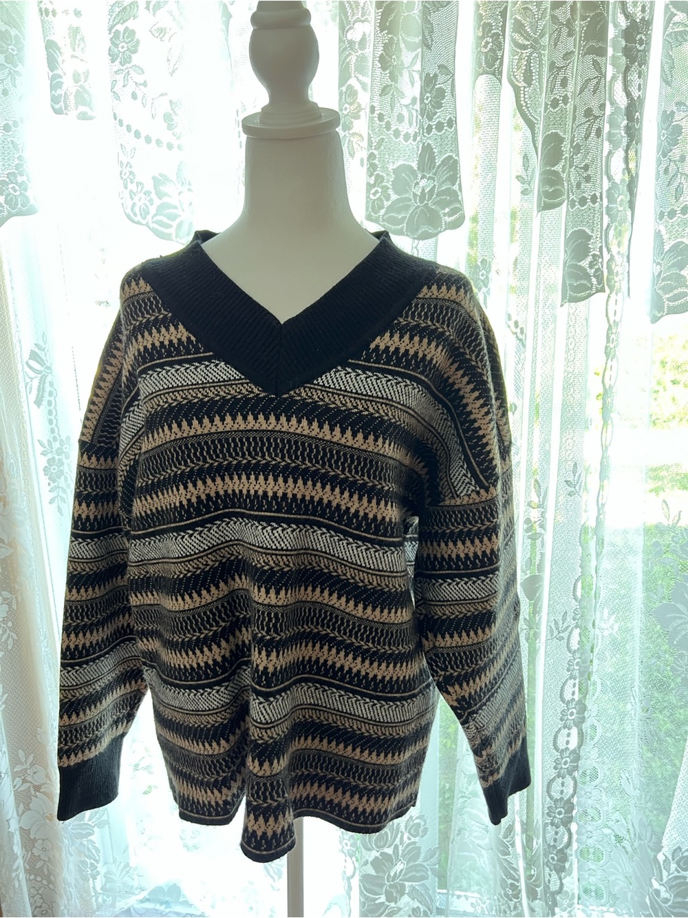 Men's Striped Knit V-Neck Sweater - Black & Beige Cotton Blend